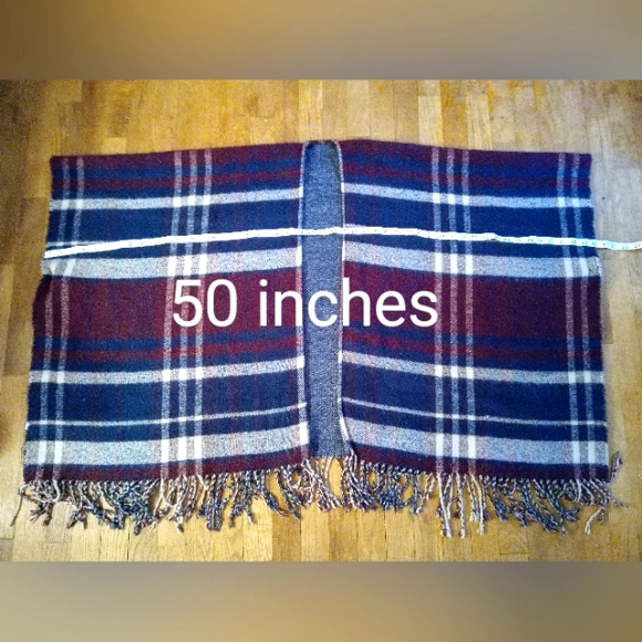 PONCHO - Plaid Soft Blanket Poncho in Red, White, and Blue with Tassles - Picture 5 of 9